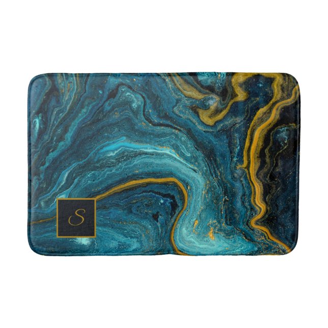 Modern Blue Green Gold Staub Abstrakt Art Marmor Badematte (Vorderseite)