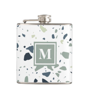 Modern Blue Green Terrazzo Marmormonogramm Flachmann