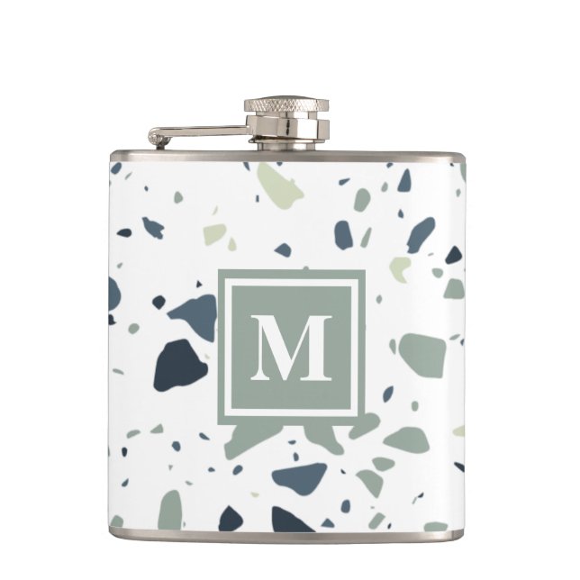 Modern Blue Green Terrazzo Marmormonogramm Flachmann (Vorderseite)
