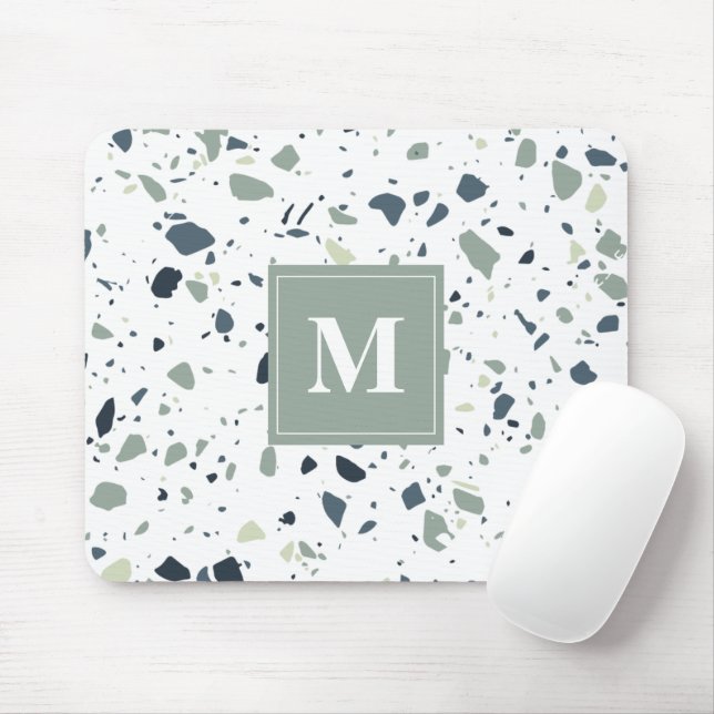Modern Blue Green Terrazzo Marmormonogramm Mousepad (Mit Mouse)
