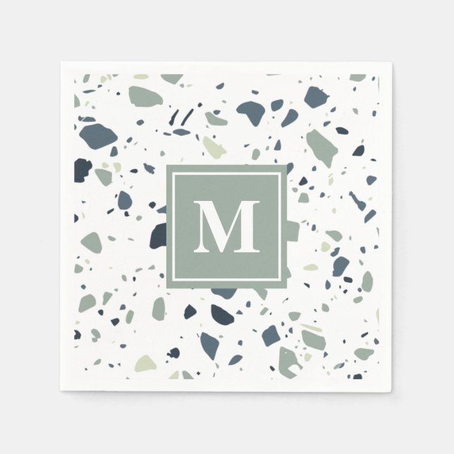 Modern Blue Green Terrazzo Marmormonogramm Serviette (Vorderseite)