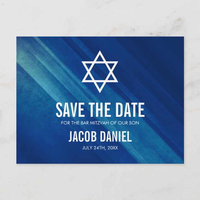 Modern Blue Grunge Bar Mitzvah Save the Date Ankündigungspostkarte (Vorderseite)