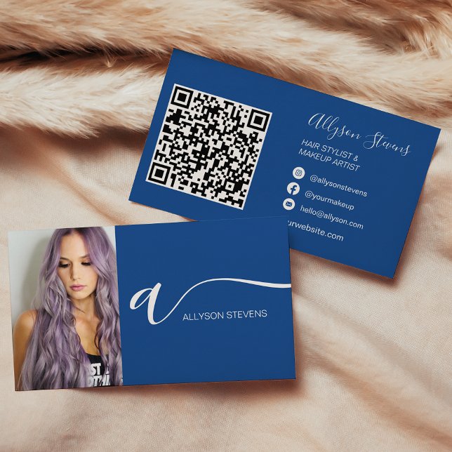 Modern blue hair makeup photo initial qr code visitenkarte (Neon pink hair makeup photo initial qr code business card on blue)