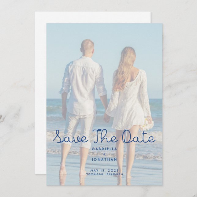 Modern Blue Handwritten Wedding Photo  Save The Date (Vorne/Hinten)