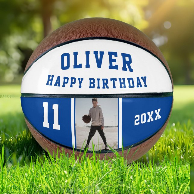 Modern Blue Happy Birthday Foto Basketball (Von Creator hochgeladen)