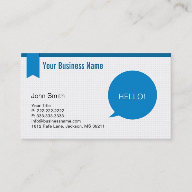Modern Blue Hello Business Card Visitenkarte (Vorderseite)