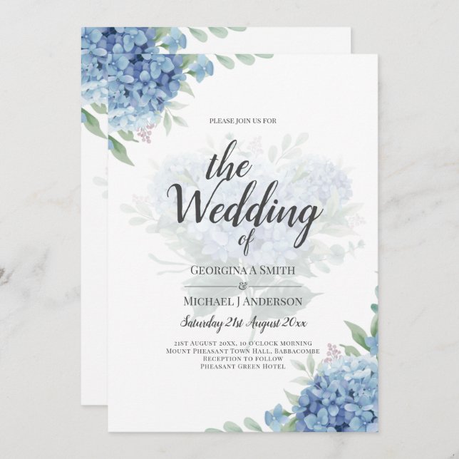Modern Blue Hydrangea Bloral Wedding Einladung (Vorne/Hinten)