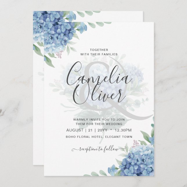 Modern Blue Hydrangea Bloral Wedding Einladung (Vorne/Hinten)