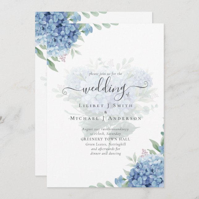 Modern Blue Hydrangea Bloral Wedding Einladung (Vorne/Hinten)