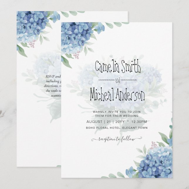 Modern Blue Hydrangea Bloral Wedding Einladung (Vorne/Hinten)