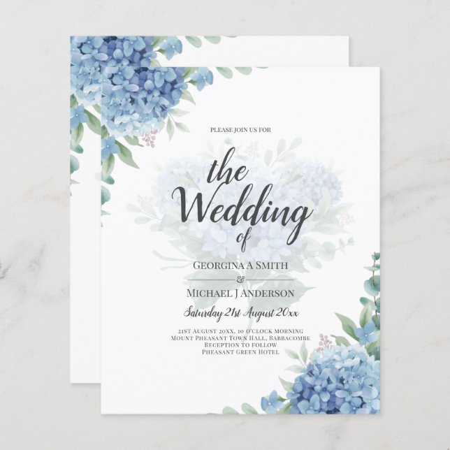 Modern Blue Hydrangea Bloral Wedding Einladung (Vorne/Hinten)