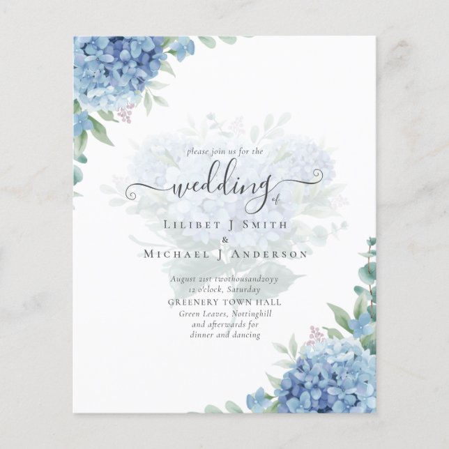 Modern Blue Hydrangea Bloral Wedding Einladung Flyer (Vorne)