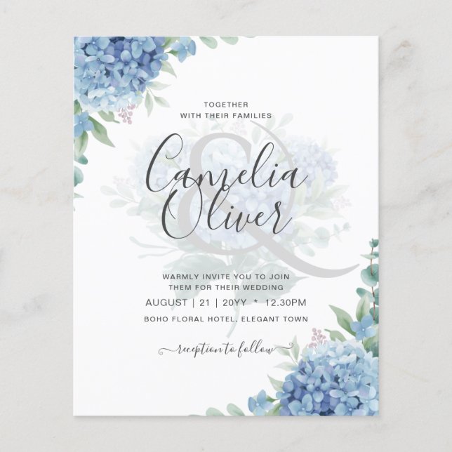 Modern Blue Hydrangea Bloral Wedding Einladung Flyer (Vorne)