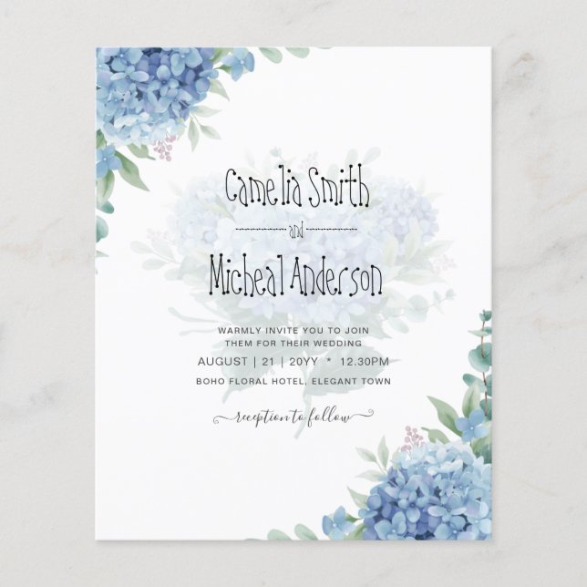 Modern Blue Hydrangea Bloral Wedding Einladung Flyer (Vorne)