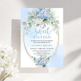 Modern Blue Hydrangea Eucalyptus 16th Birthday  Einladung