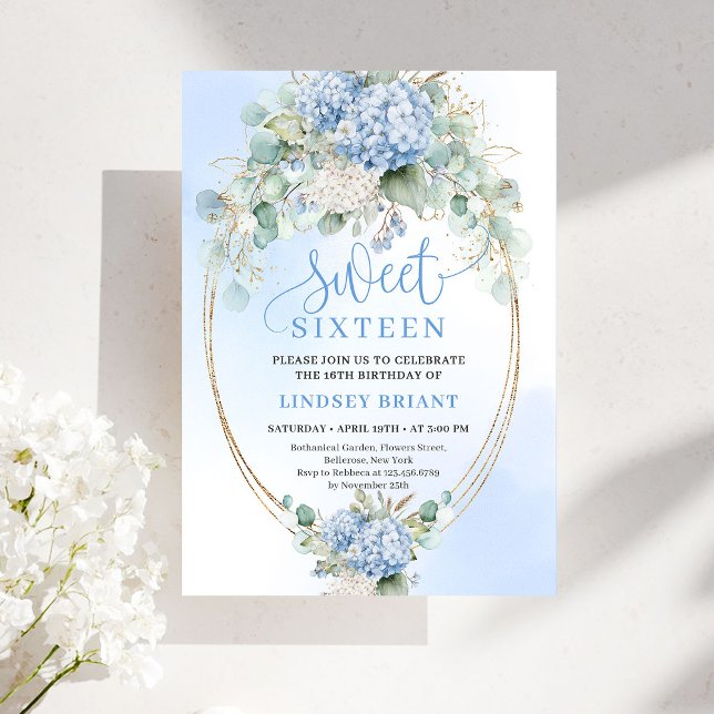 Modern Blue Hydrangea Eucalyptus 16th Birthday  Einladung (Modern Blue Hydrangea Eucalyptus 16th Birthday Invitation)