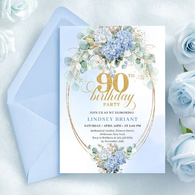 Modern Blue Hydrangeas Eucalyptus 90th Birthday Einladung (Modern Blue Hydrangeas Eucalyptus 90th Birthday)