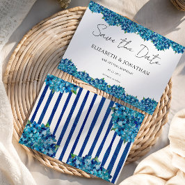 Modern Blue Hydrangeas Navy Blue Striped Wedding Save The Date