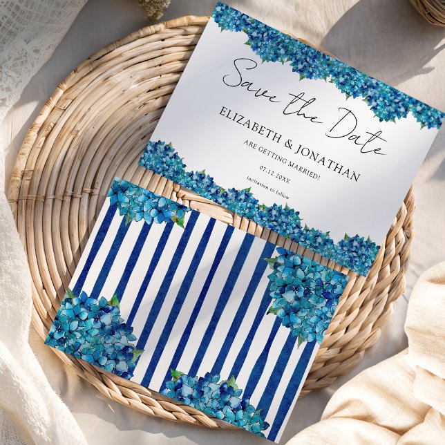 Modern Blue Hydrangeas Navy Blue Striped Wedding Save The Date (Von Creator hochgeladen)