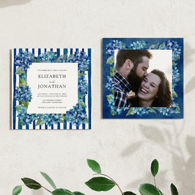 Modern Blue Hydrangeas Stripe Photo Wedding Einladung (Von Creator hochgeladen)