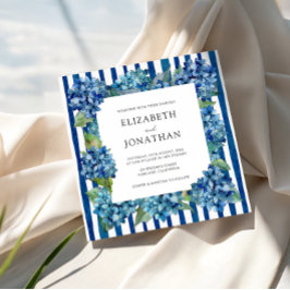 Modern Blue Hydrangeas Watercolor Stripe Wedding Einladung
