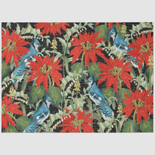 Modern Blue Jay Poinsettia Collage Tissue Paper Seidenpapier (Vorderseite)