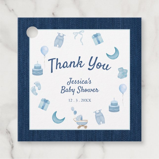 Modern Blue Jean Baby Denim Baby Shower Geschenkanhänger (Vorderseite)