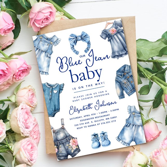 Modern Blue Jean Baby Denim Theme Girl Baby Dusche Einladung (Modern Blue Jean Baby Denim Theme Girl Baby Shower Invitation)