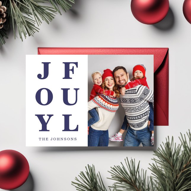 Modern Blue Joyce Foto Weihnachten (Modern Blue Joyful Photo Christmas Holiday Card)