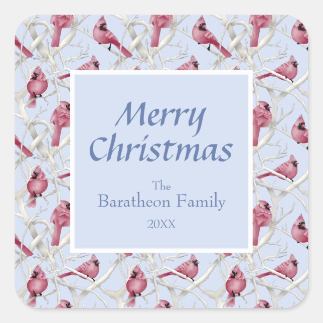 Modern Blue Kardinal Bird Frohe Weihnachten Quadratischer Aufkleber (Vorderseite)