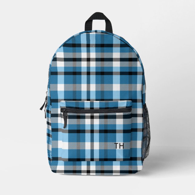 Modern Blue Kariert Monogram Initials Bedruckter Rucksack (Vorderseite)