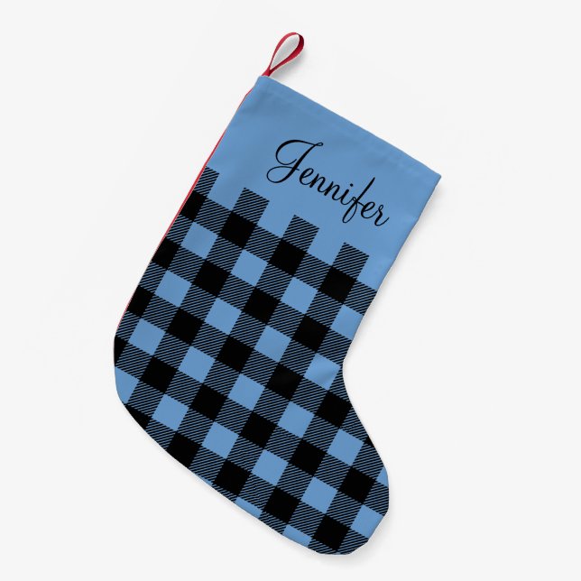 Modern Blue Kariert Pattername Kleiner Weihnachtsstrumpf (Vorderansicht (hängend))