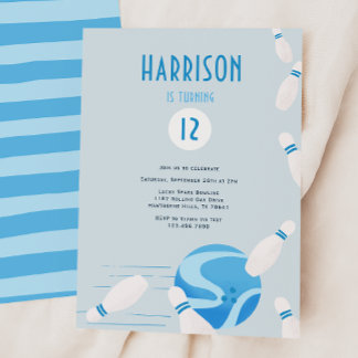 Modern Blue Kids Bowling Birthday Party Einladung