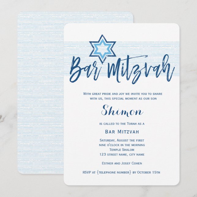 Modern Blue Kneipe Mitzvah Invitation Einladung (Vorne/Hinten)