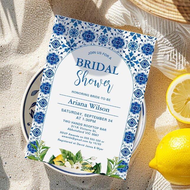 Modern Blue Lemon Tile Bridal Dusche Einladung (Mediterranean Blue Tile Lemon Bridal Shower Invitation Template, Italian Positano Bridal Shower )