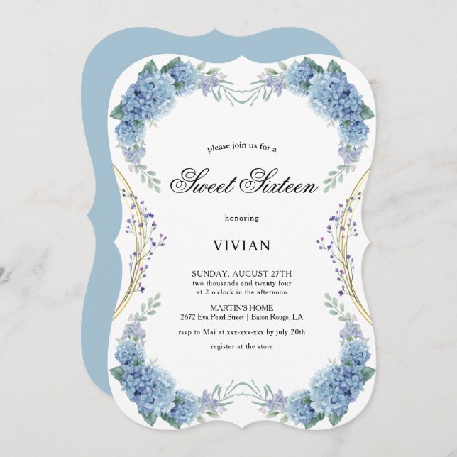Modern Blue lila Flora 16 . Geburtstag Einladung (Vorne/Hinten)
