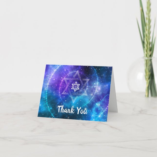 Modern Blue Lila Galaxy Bat Bar Mitzvah geflogen Dankeskarte (Vorderseite)