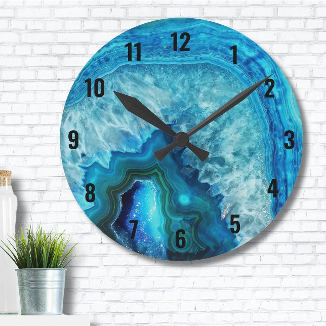 Modern Blue Marble Agate Runde Wanduhr (Cute Trendy Bright Blue Turquoise Crystal Geode Round Clock)