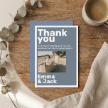Modern blue minimalist photo wedding thank you dankeskarte<br><div class="desc">A modern minimalist wedding thank you design with a bold "Thank you" headline and clean typography. The dusty blue background and white text frame a favourite photo for a timeless,  editorial look. Ideal for elegant celebrations,  beach weddings,  and contemporary couples. Simple,  calm and stylish.</div>