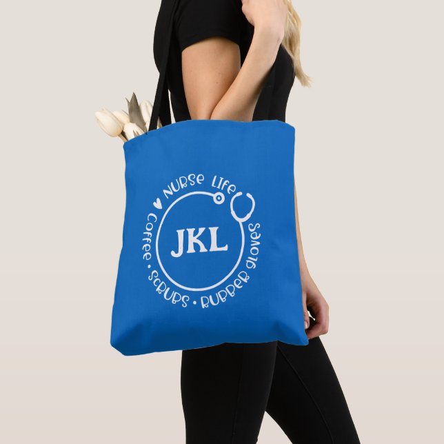 Modern Blue Mit Monogramm Stethoscope Nurte Tote B Tasche (Von Nahem)
