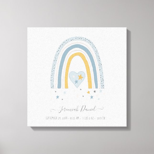 Modern Blue Mled Rainbow Baby Boy Birth Stats Leinwanddruck (Vorderseite)