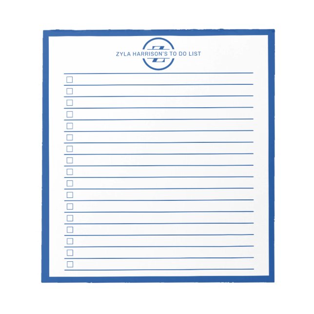 Modern Blue Monogram Name To Do List Notizblock (Vorderseite)