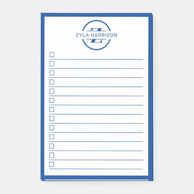 Modern Blue Monogram Name To Do List Post-it Klebezettel (Vorderseite)