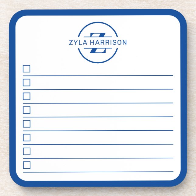Modern Blue Monogram Name To Do List Whiteboard Getränkeuntersetzer (Vorderseite)