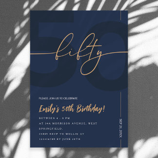 Modern Blue Navy & Gold 50th Birthday Invitation Einladung