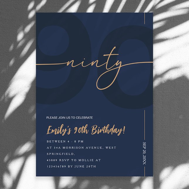 Modern Blue Navy & Gold 90th Birthday Invitation (Créateur téléchargé)