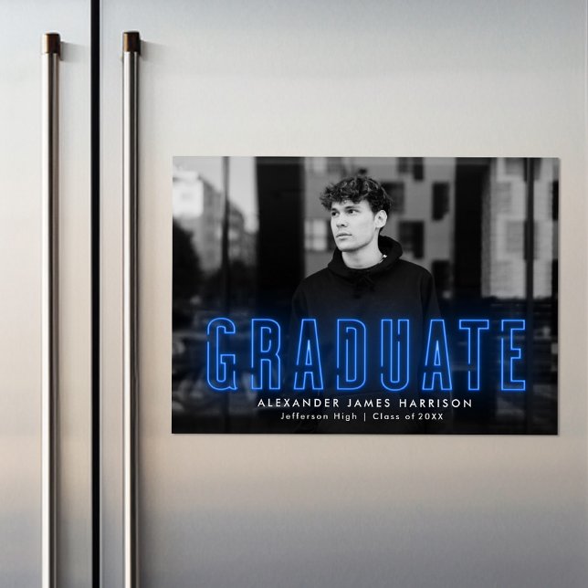 Modern Blue Neon Photo Graduation Announcement Magneteinladung (Von Creator hochgeladen)