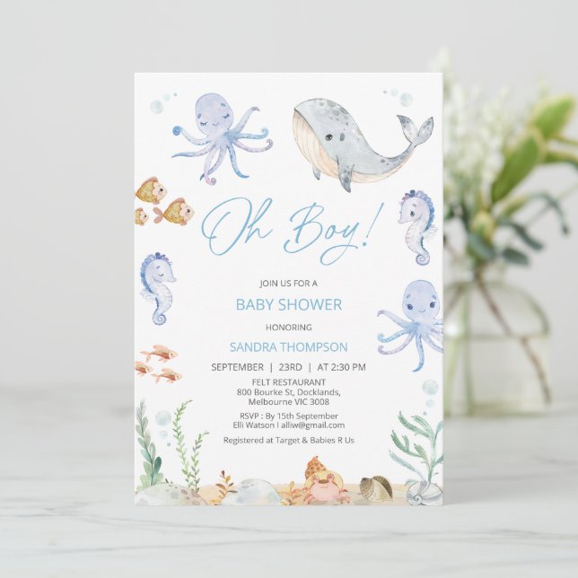 Modern Blue Oh Boy Under Sea Baby Dusche Einladung (Stehend Vorderseite)