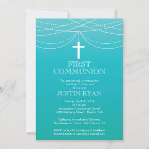Modern Blue Ombre Garland Cross Boy Communion Einladung