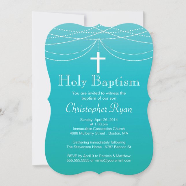 Modern Blue Ombre Garland Cross Heilige Taufe Einladung (Vorderseite)